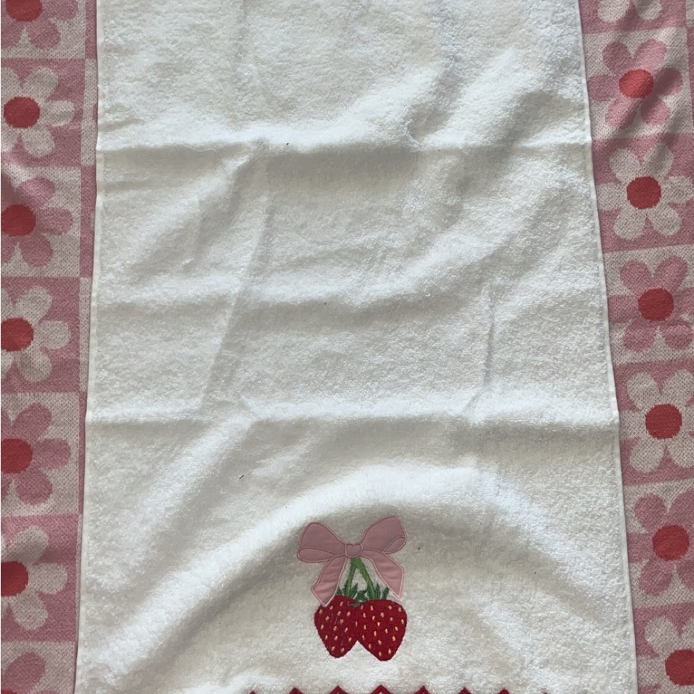 Strawberry Embroidered Towel with Pink Accents